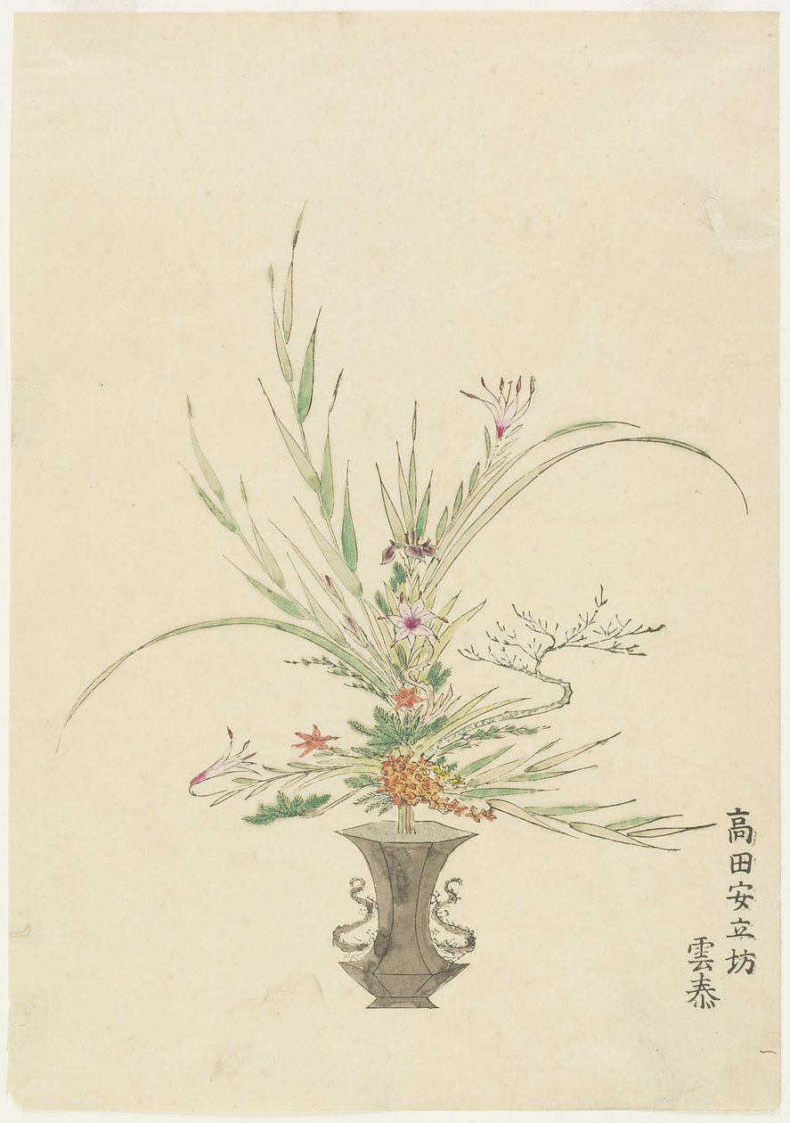 Blomsterarrangemang av Takada Anritsub?; Liljor och klockblommor (handfärgat träblockstryck) av Japanese School