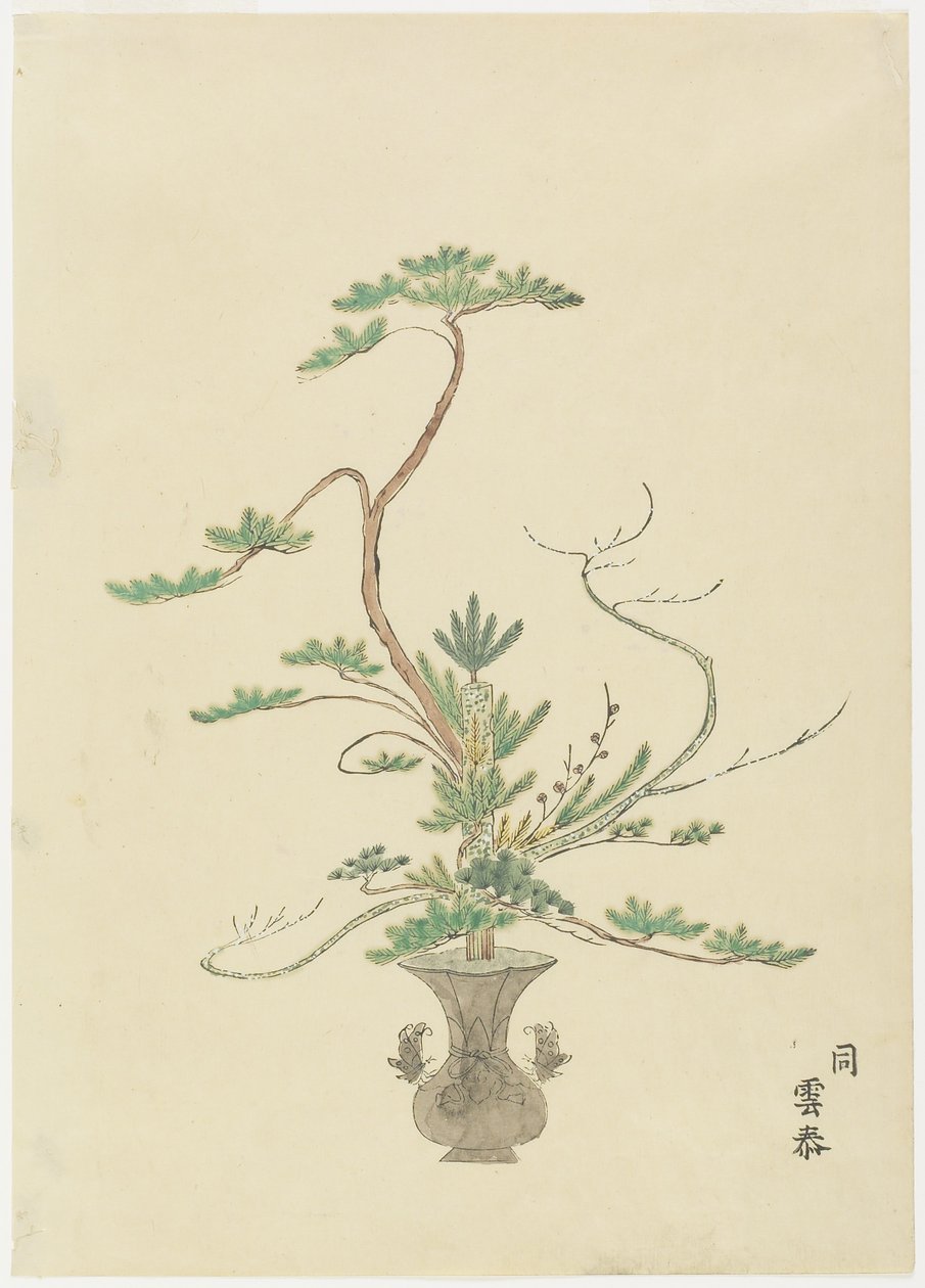 Blomsterarrangemang av Takada Anritsub? Untai; Tall, bambu och plommon (handfärgat träblockstryck) av Japanese School