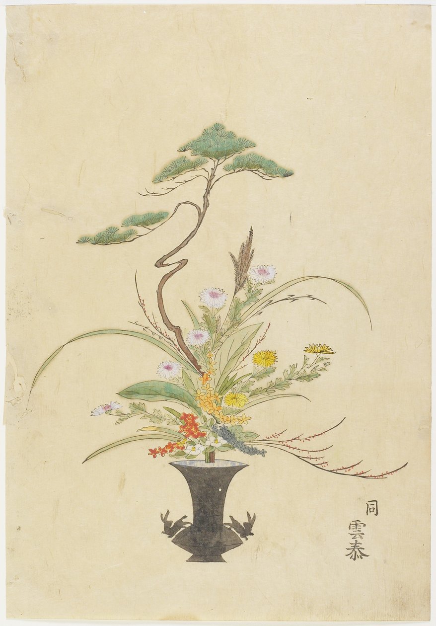 Blomsterarrangemang av Takada Anritsub? Untai; Tall, krysantemum och kamelia (handfärgat träblockstryck) av Japanese School