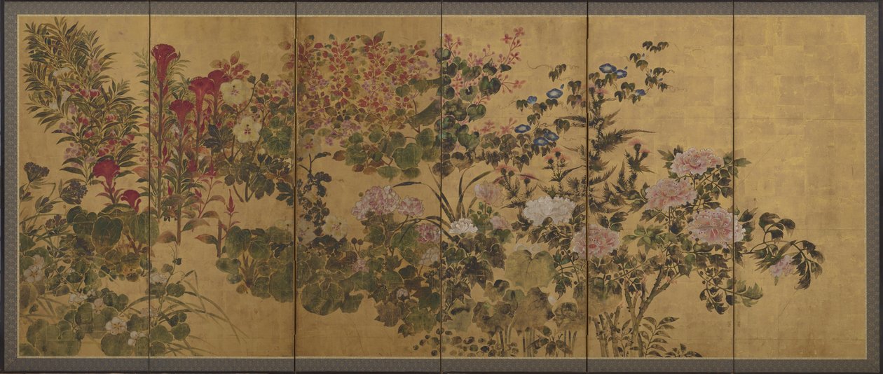 Blommor och en bäck, Skärmar av Japanese School
