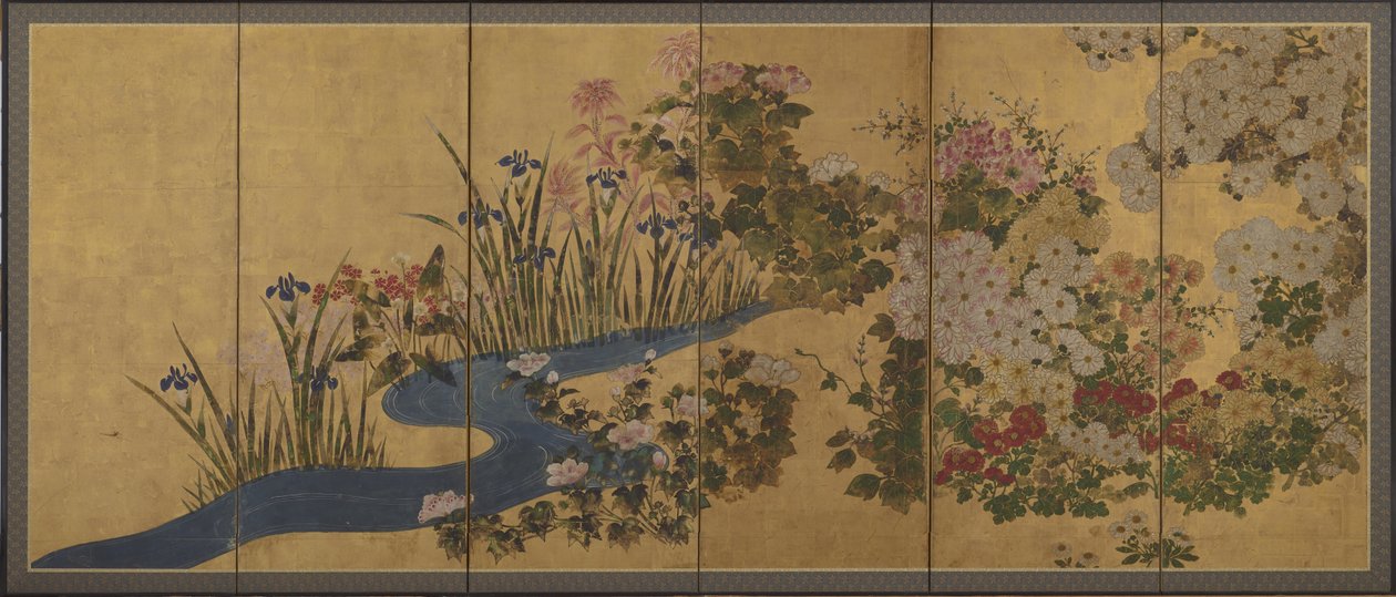 Blommor och en bäck, Skärmar av Japanese School