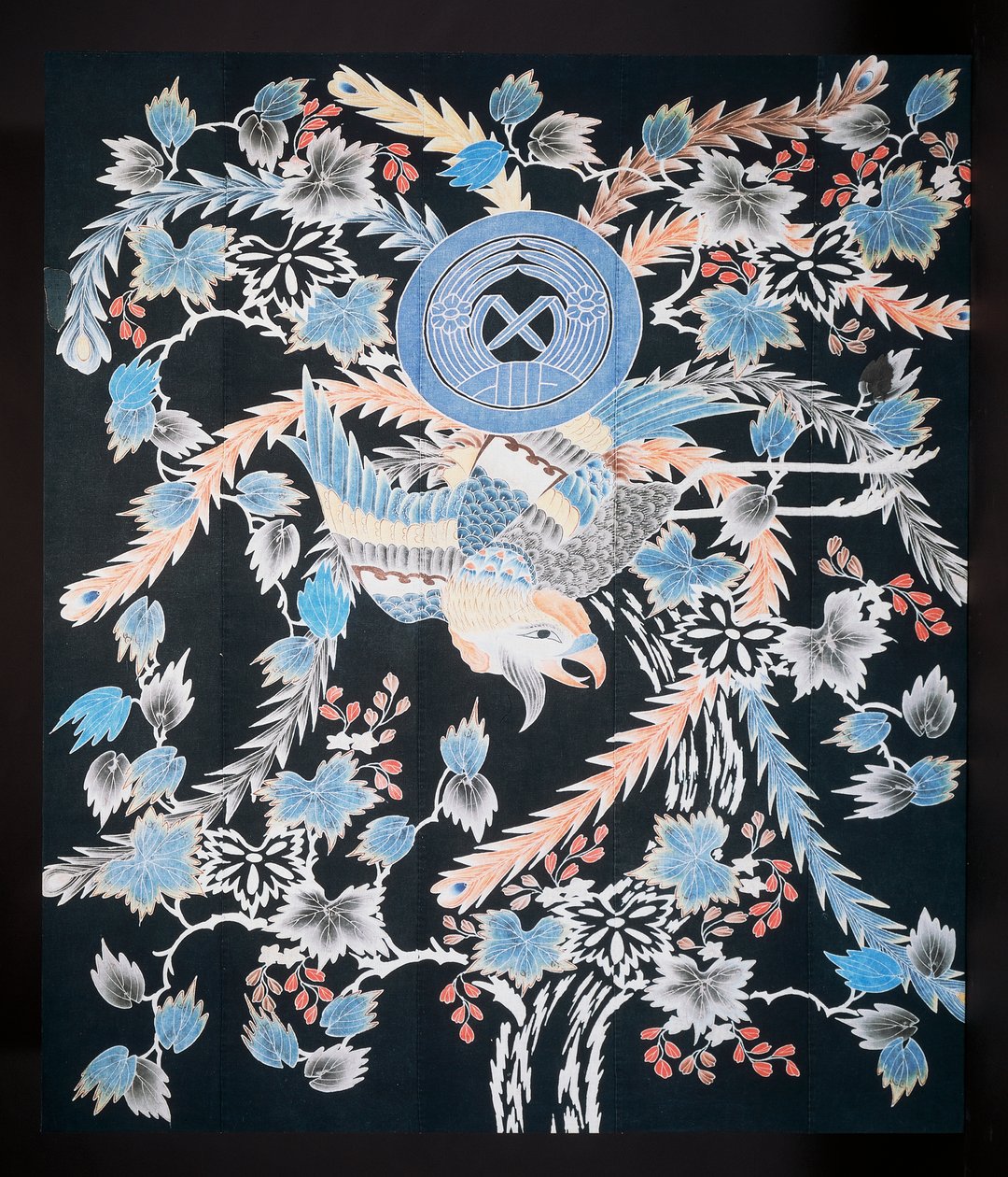 Futonji överkast med motiv av phoenix, paulownia och påskliljor, bomull, färgämne med indigo, pigment och bläck av Japanese School