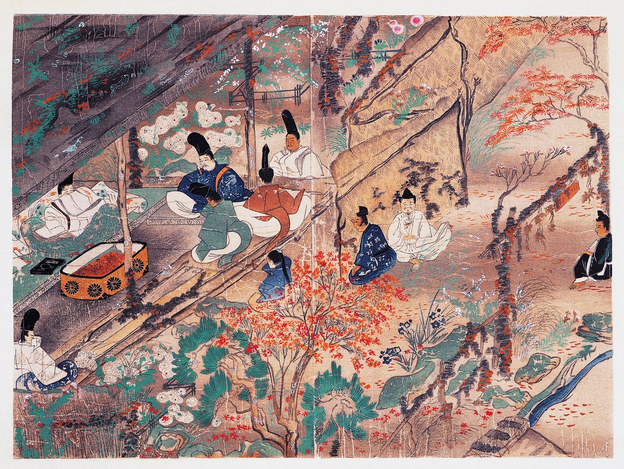 Heian statsman och poet Sugawara Michizane (845-903), känd som Tenjin-San (himmelsk ande), i exil i Kitano Tenman-Gu-helgedomen i Kyoto och delar kläder donerade av en gång kejsare, Fujiwara Nobuzane (1176-1268), Kamakura period (1185-1333), Japan av Japanese School