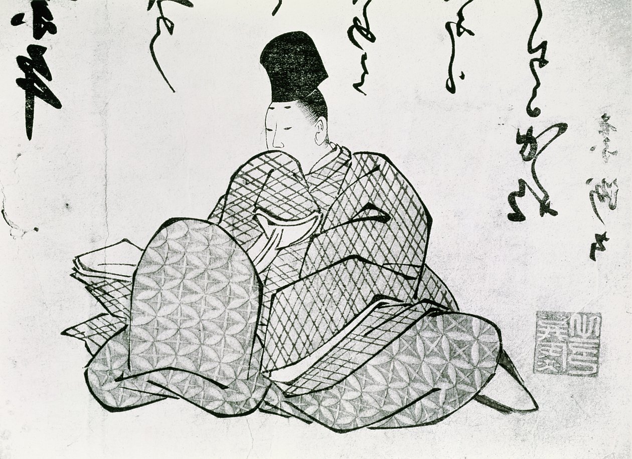 Hero of a Monogatari av Ariwara no Narimira (825-880) 1600- och 1800-talet (träblocktryck) av Japanese School
