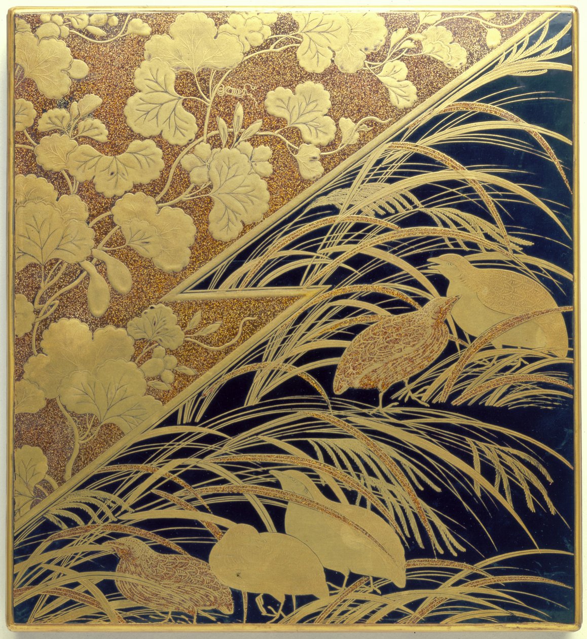 Bläckstensfodral med motiv av pampasgräs och vaktel, Edo-perioden, ca 1630 (lackerat trä med guld, bläcksten  silver) av Japanese School