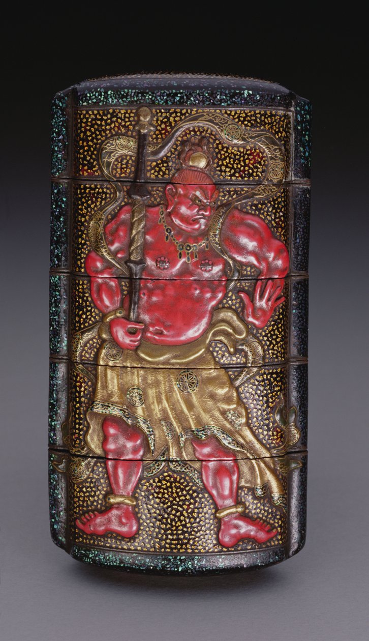 Inro dekorerad med Nio, Edo-period (1615-1868) japansk (lack) av Japanese School