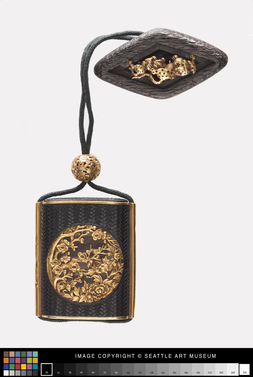 Inro med blommönster, ojime och netsuke, 1700-tidigt 1800-tal (brons, silver, trä, guld och elfenben) av Japanese School
