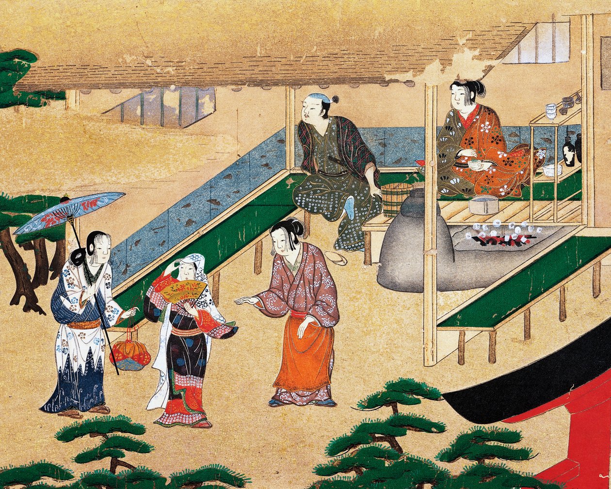 Inuti ett hus i utkanten av Kyoto, ukiyo-e, sidenmålning, skola Tosa, japansk civilisation av Japanese School