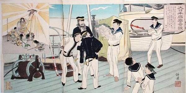 Japanska sjömän som beundrar sin örnmaskot, ett avsnitt från det kinesisk-japanska kriget, sent 1800-tal (träblock i färg) av Japanese School