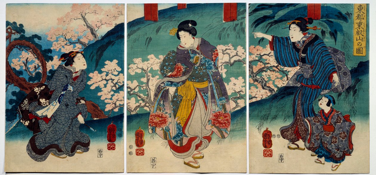 Japansk konst: kvinnor på våren. 1800-talstryck privat samling av Japanese School