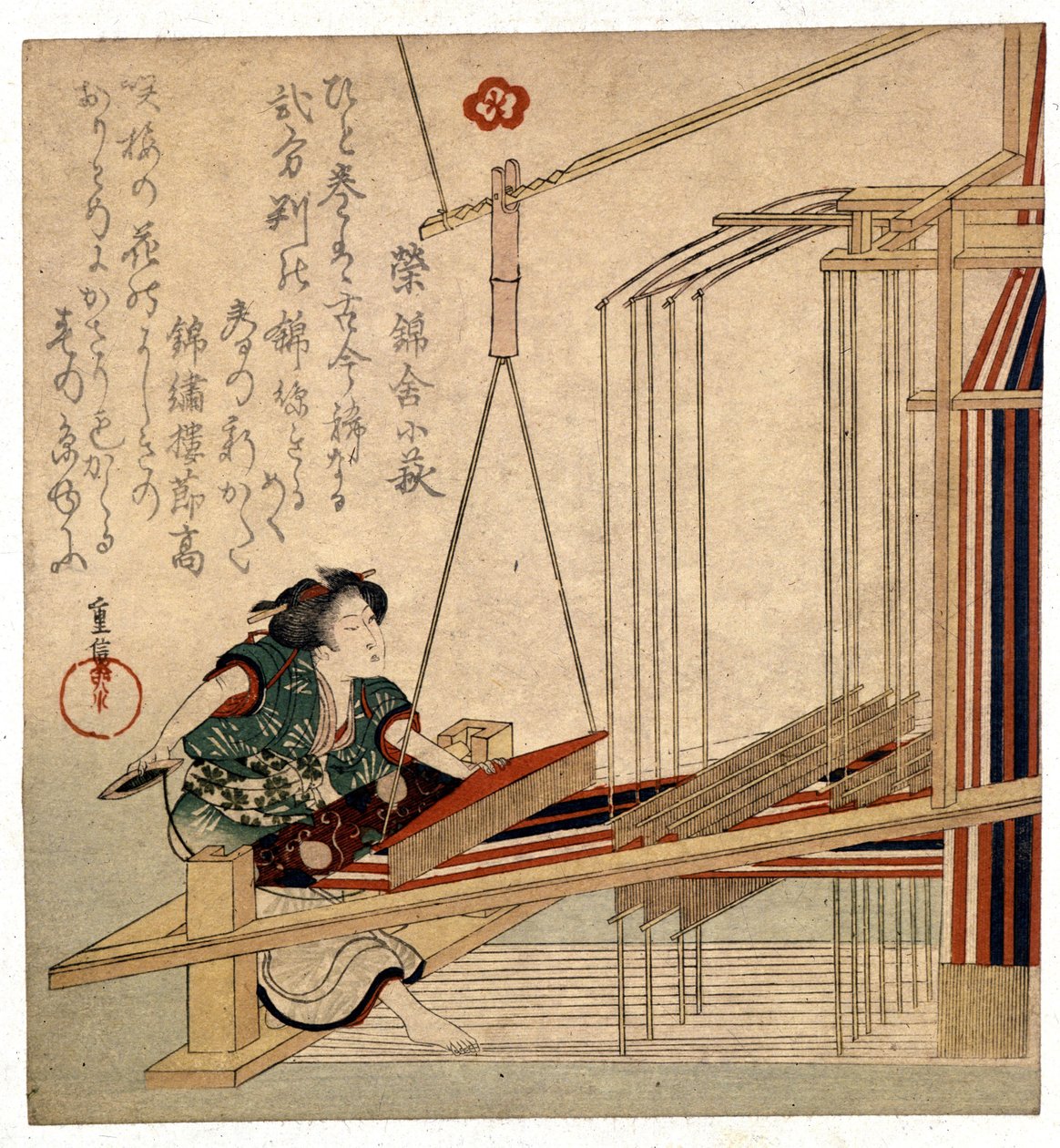 Japansk kvinna med sin vävstol, tryck sent 1800-tal. Gener. Museo Chiossone av Japanese School
