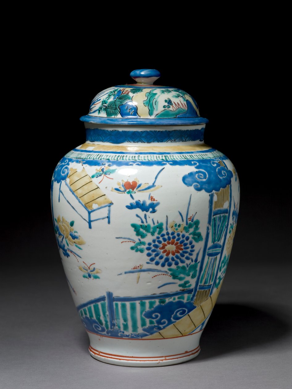 Burk med tillhörande lock, ca 1660-80 (porslin med emalj överglasyr) av Japanese School