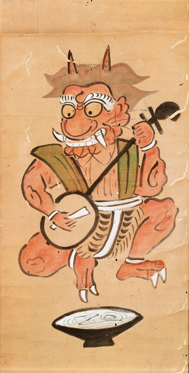 Kakemono som visar en djävul som spelar shamisen (bläck och färg på pappersrulle) av Japanese School