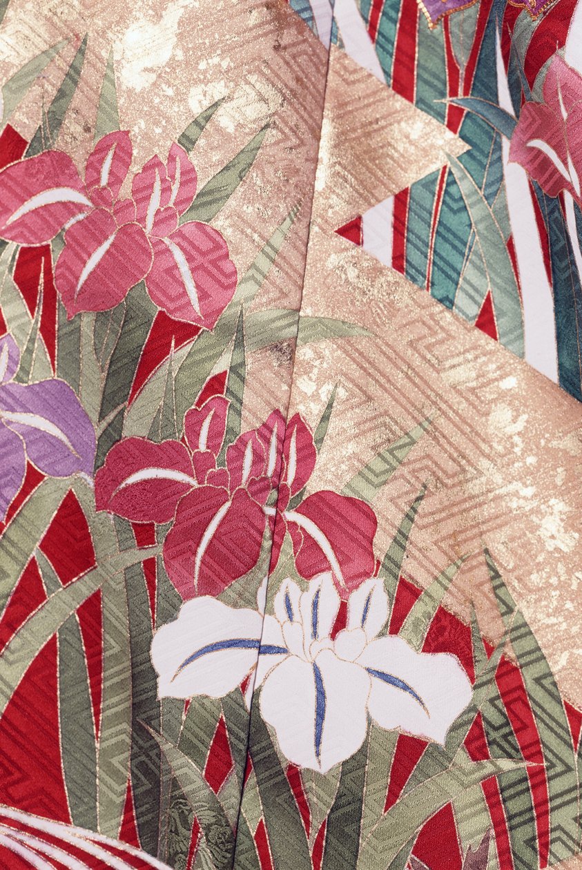 Kimono Furisode (böljande ärmar) som bärs av unga ogifta kvinnor vid eleganta tillfällen och Maiko (lärling Geisha), Slät siden, Hinpaku-motiv, iris, detaljer, Kaga-Yuzen-färgning, Tokamachi-väverier, japansk civilisation, 1900-talet av Japanese School