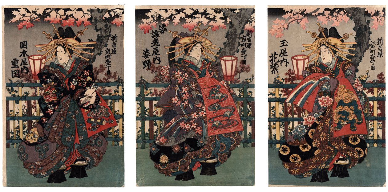 La courtisane Shigeoka de Okamoto-ya; La courtisane Sugatano de Sugataebi-ya; La courtisane Hanamurasaki de Tama-ya --Courtesans Shigeoka, Sugatano och Hanamurasaki. Triptyk. Från serien The Beautys of the Yoshiwara --Anonymous --Mellan 1848 och 1 av Japanese School