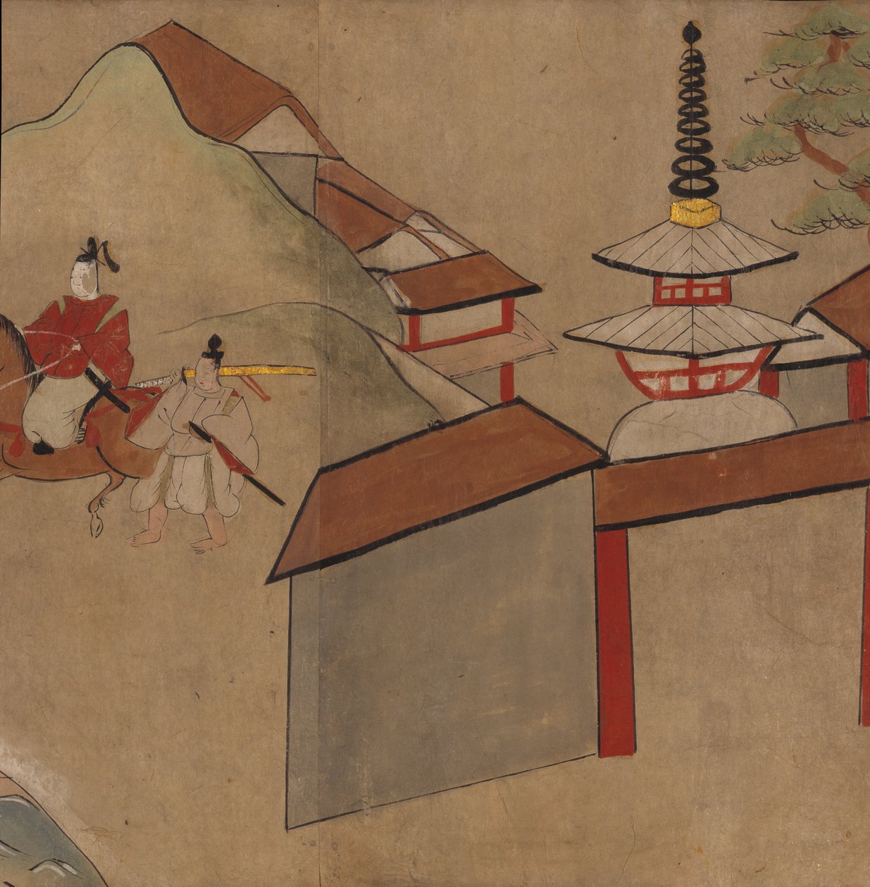Man rider nära pagoden, illustration från "Taishokkan" (bläck & färg på papper) av Japanese School