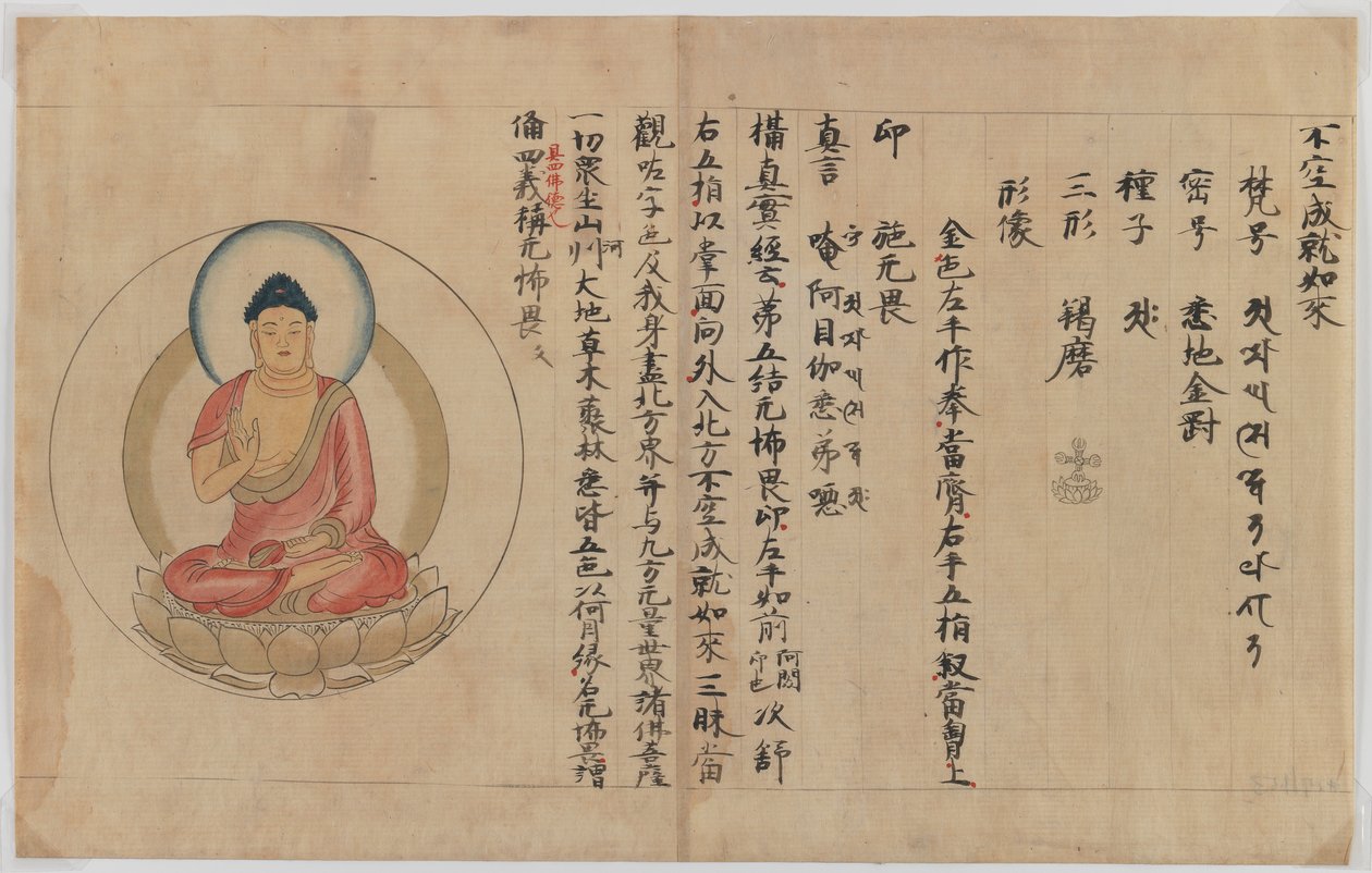 Manuskript och bild av Buddha (bläck och färg på papper) av Japanese School