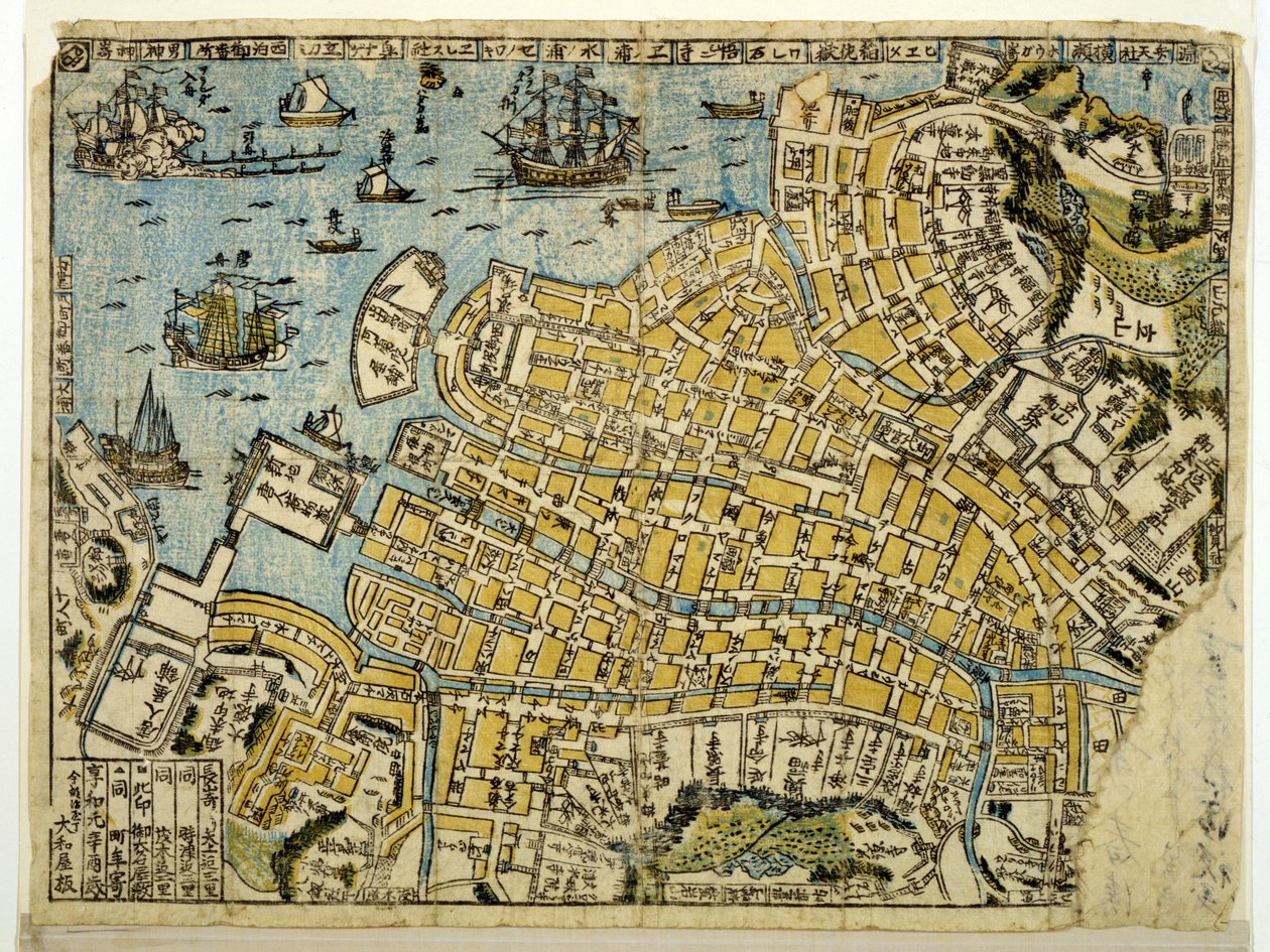 Karta över Nagasaki, ca 1801 (träsnitt i färg) av Japanese School