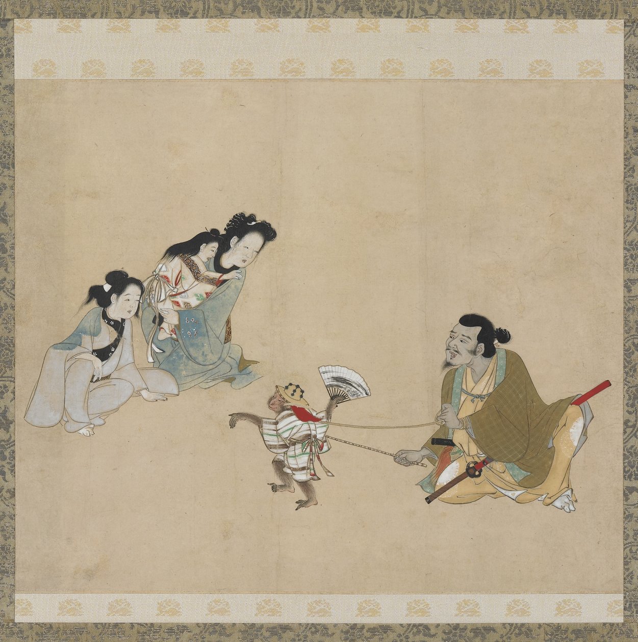 Aptränare och apa som utför en dans, Edo-period (bläck, färg & guld på papper) av Japanese School