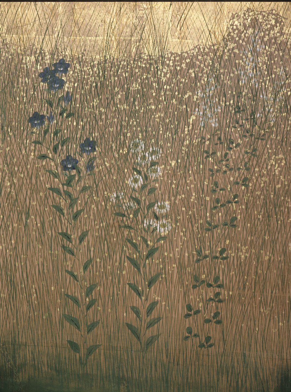 Moon In Musashi Plain (färg och guld på papper) av Japanese School