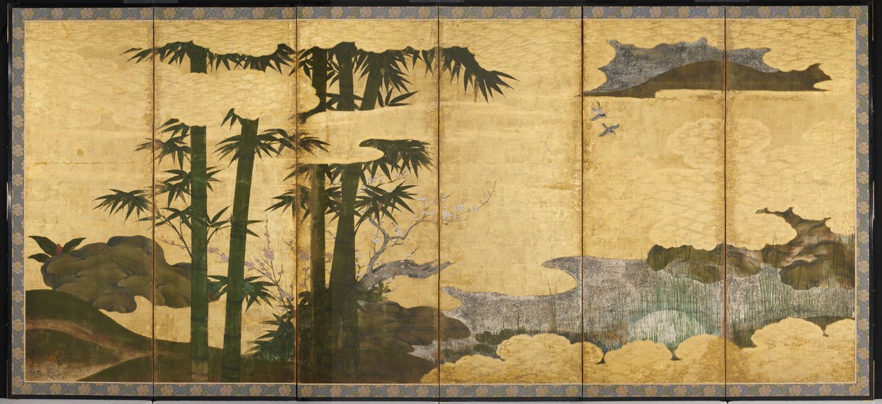 Moonlit Bamboo Grove, tidigt 1500-tal (par med sex panelskärmar; bläck, färg och guld på papper) av Japanese School
