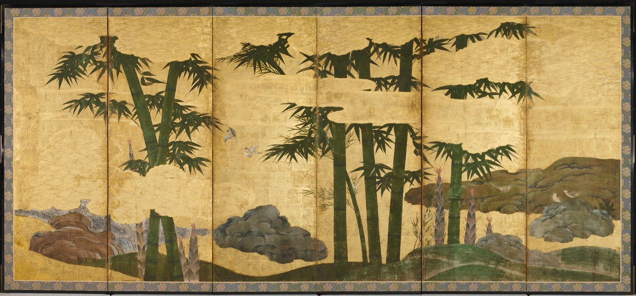 Moonlit Bamboo Grove, tidigt 1500-tal (par med sex panelskärmar; bläck, färg och guld på papper) av Japanese School