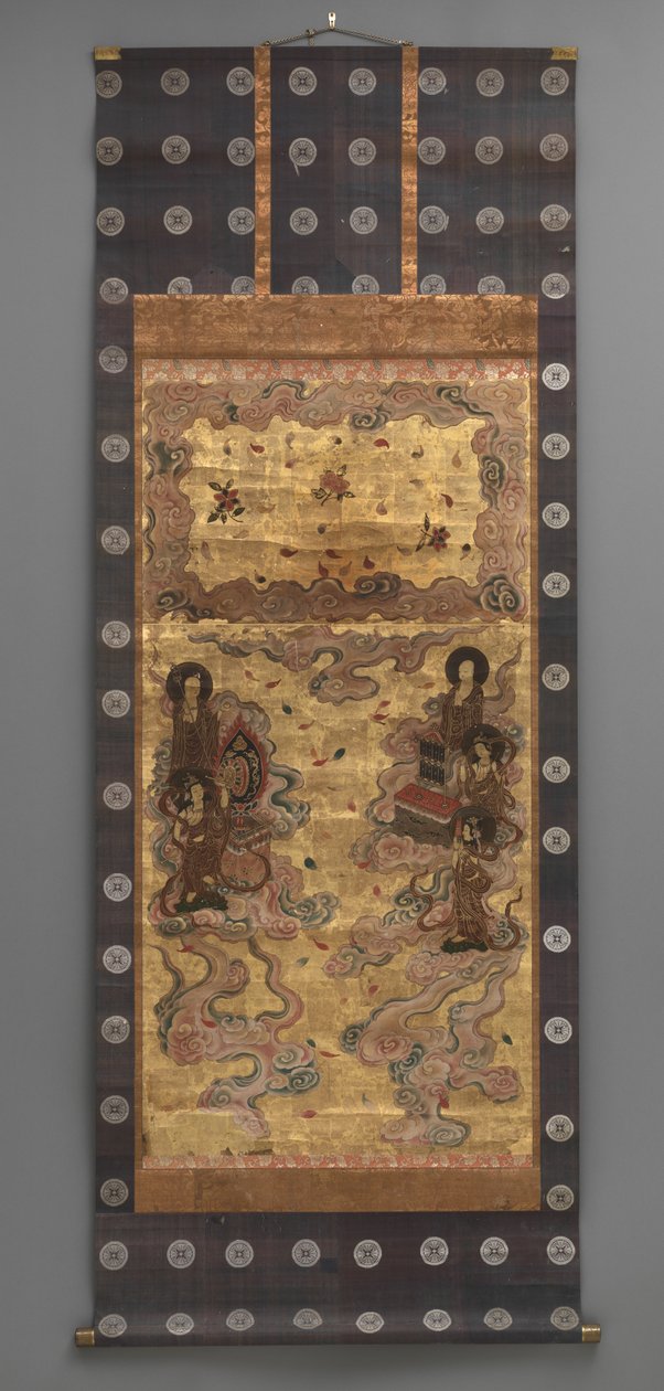 Väggmålning: Nedstigning av tjugofem bodhisattva (deltagare till Amitabha-triaden), 1700-talet (Triptyk hängande rullar: bläck, färg och guld blad på papper, mässing) av Japanese School