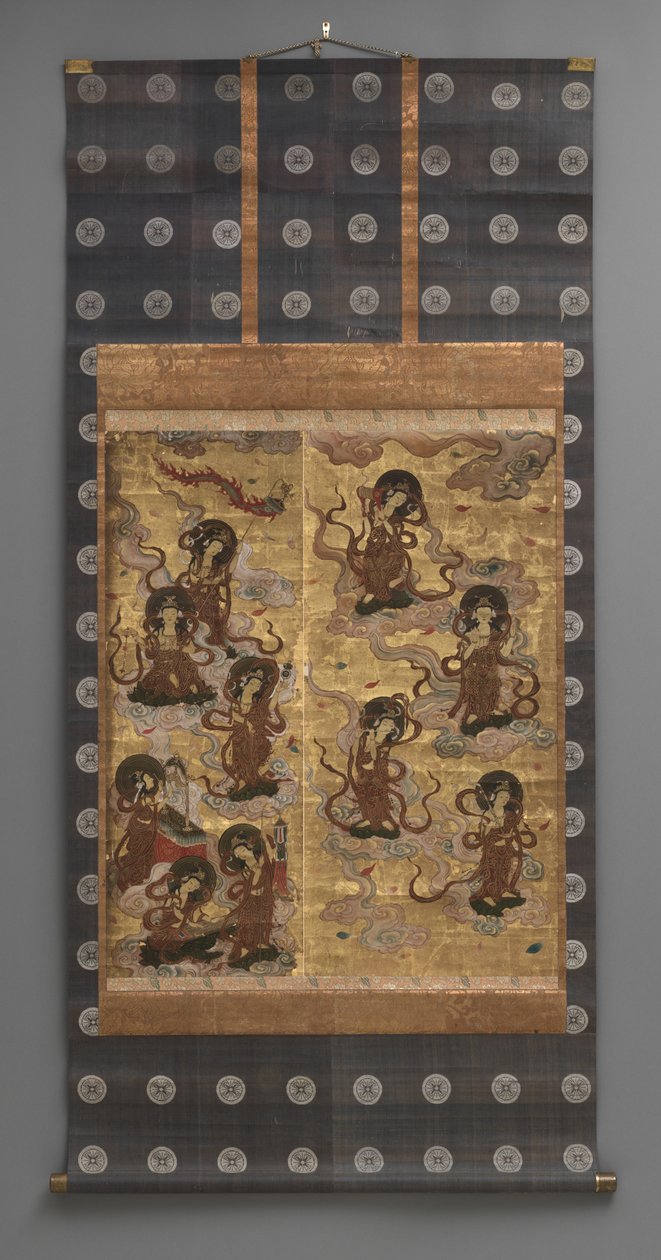 Väggmålning: Nedstigning av tjugofem bodhisattva (deltagare i Amitabha-triaden), 1700-talet (Triptyk hängande rullar: bläck, färg och guld blad på papper, mässing) av Japanese School