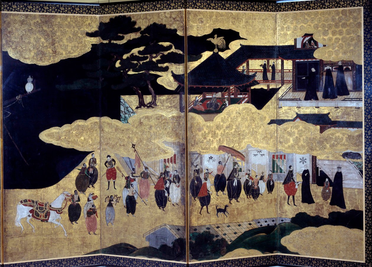 Namban Byobu-skärm kallad "Portugisiska": en representation av portugisiska jesuitmissionärers ankomst till Japan på 1500-talet. Realiserad av Kano School. 1600-talet. Paris, Guimet-museet, Nationalmuseet för asiatisk konst av Japanese School