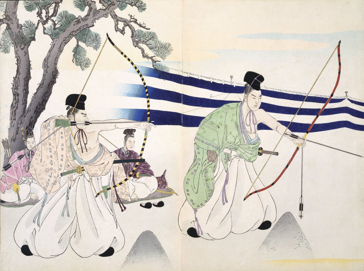 Adelsmän övar bågskytte (detalj se 255314), 1800-talet, från ett album av träsnitt, färgträblocktryck av Japanese School