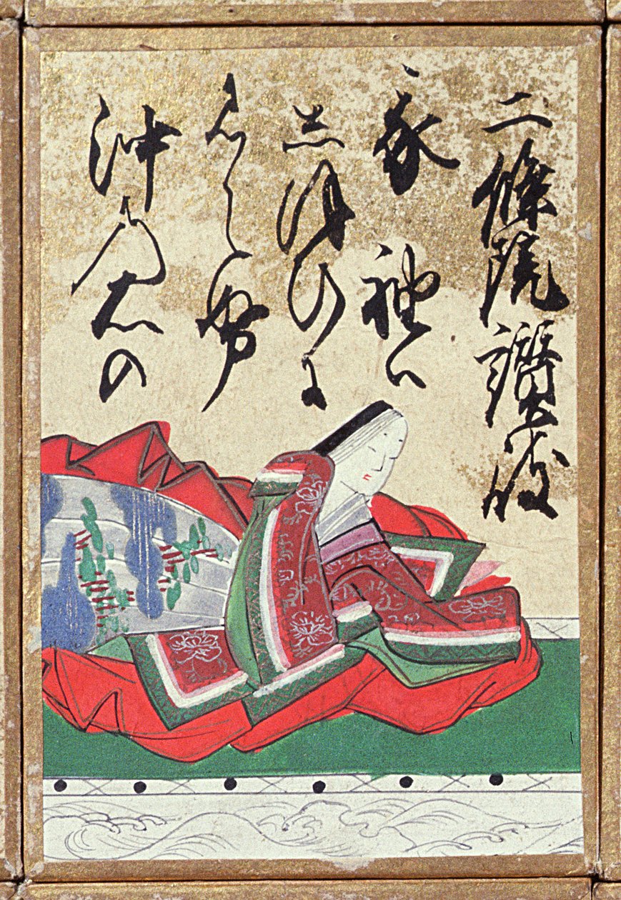 Ett av en uppsättning spelkort med 100 poeter och dikter, som såldes på Exposition Universelle i Paris 1867 av Japanese School