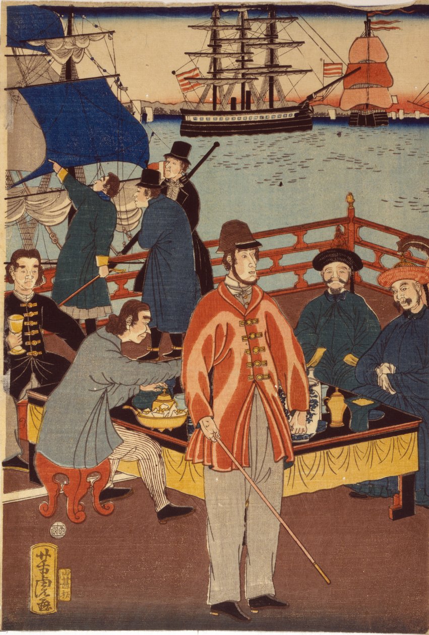 Ett tryck av triptyk som visar europeiska köpmän som tar förfriskningar med japaner. I bakgrunden finns fartyg i Yokohama hamn, Japan av Japanese School