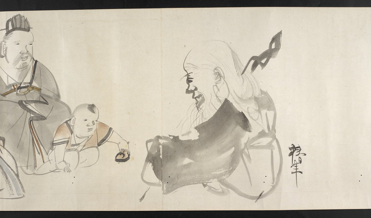 Eller. 14872, f.30 Två vuxna och ett barn, från Yoshida Seisai (handscroll) av Japanese School