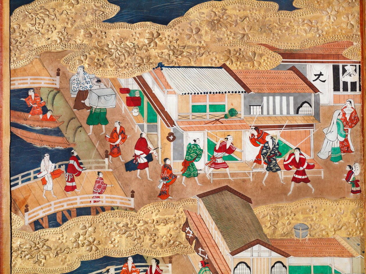 Osakazu Byobu - Japansk vikskärm med åtta paneler (målning) av Japanese School
