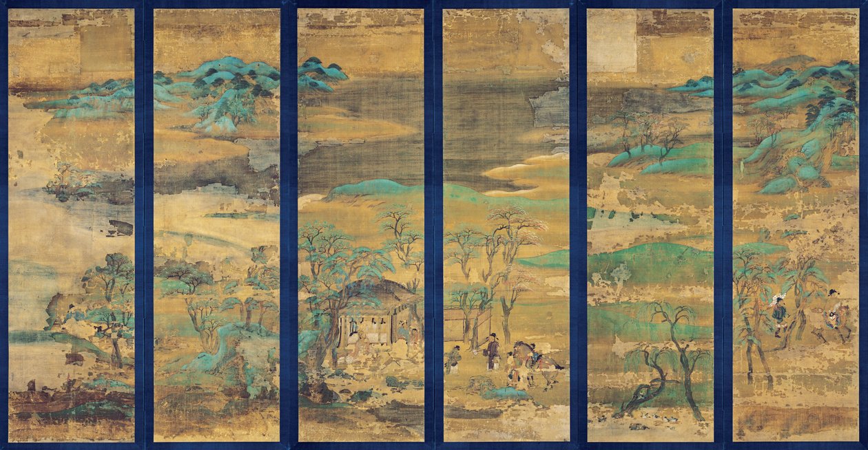 Paysage (Landskap) Skärm i sex paneler - Anonymt verk, gouache på siden av Japanese School