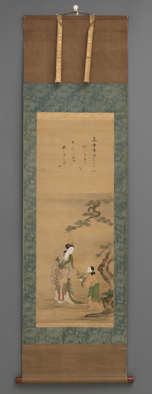 Peach Mother and Attendant av Pine Tree, tidigt 1800-tal (akvarell med träknoppar) av Japanese School