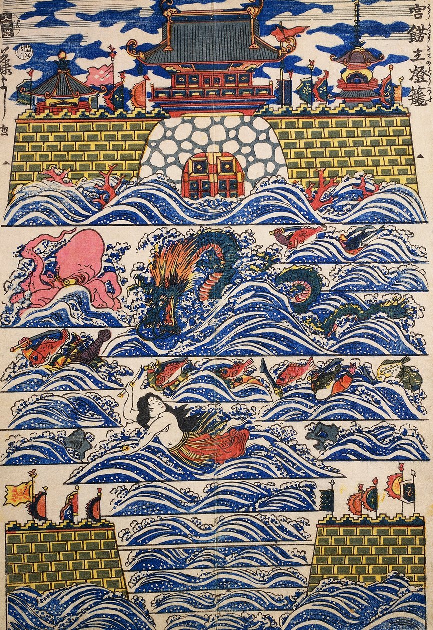 Port på vilken kraschar vågor av havet, dekorativ panel av Japanese School