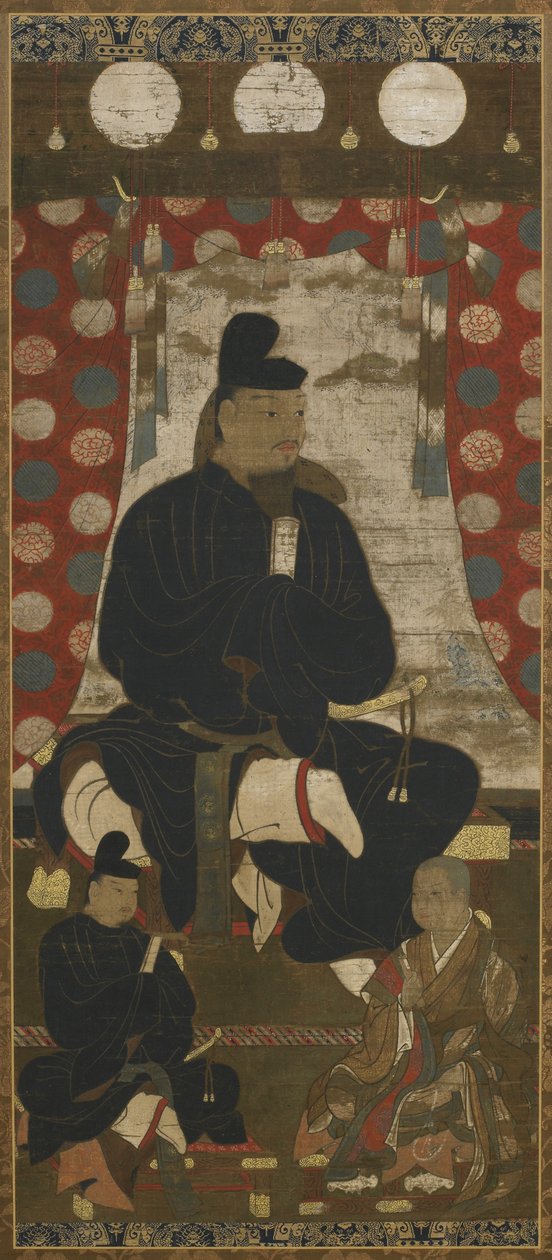 Porträtt av Fujiwara no Kamatari (614-669) åtföljd av två söner, Muromachi-perioden (bläck, färg och guld på siden) av Japanese School