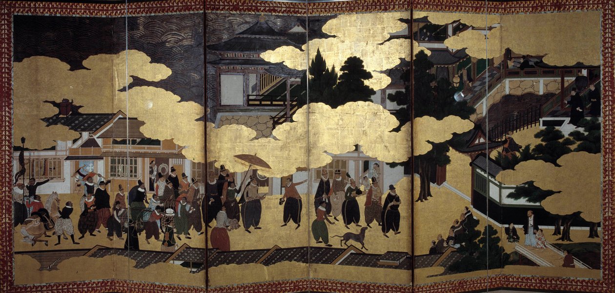 "Portugisisk" skärm: en representation av portugisiska jesuitmissionärers ankomst till Japan på 1500-talet. Realiserat av Kanoskolan (?). 1593-1600. Lissabons museum för antik konst av Japanese School
