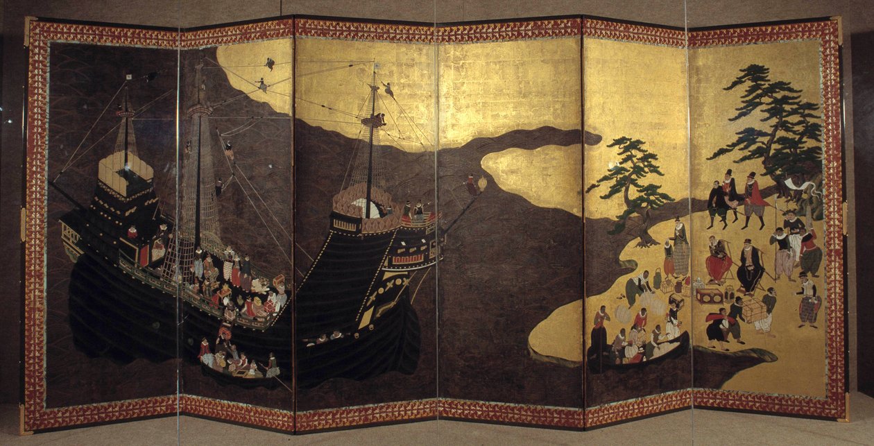 "Portugisisk" skärm som representerar ankomsten av portugisiska jesuitiska missionärer till Japan på 1500-talet. 1590-1614. Kanoskolan (?) Lissabon. Nationalmuseet för antik konst av Japanese School