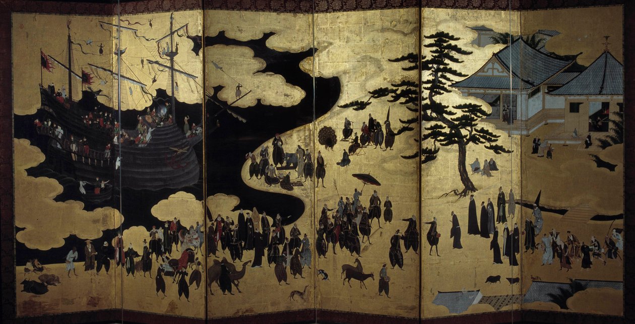 "Portugisisk" skärm som representerar ankomsten av portugisiska jesuitmissionärer till Japan på 1500-talet. 1590-1614. Kanoskolan (?) Lissabon. Nationalmuseet för antik konst av Japanese School
