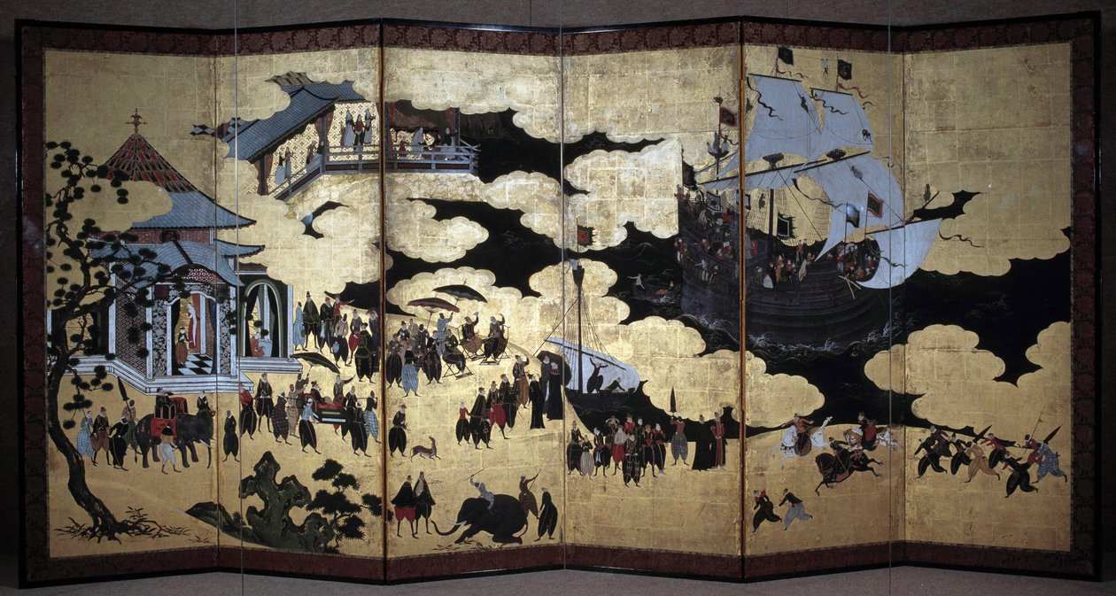 "Portugisisk" skärm som representerar ankomsten av portugisiska jesuitmissionärer till Japan på 1500-talet. 1590-1614. Kanoskolan (?) Lissabon. Nationalmuseet för antik konst av Japanese School
