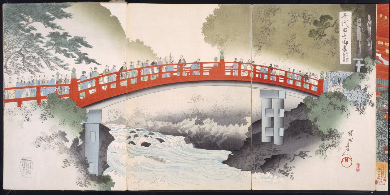 Procession över en flod in i ett tempel, från ett album med träsnitt från 1800-talet (träblock i färg) av Japanese School