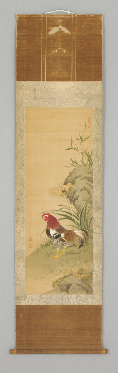 Rooster by a Rock, sent 18:e eller tidigt 19:e århundradet (Hängande rulle: bläck och färg på siden, trä) av Japanese School