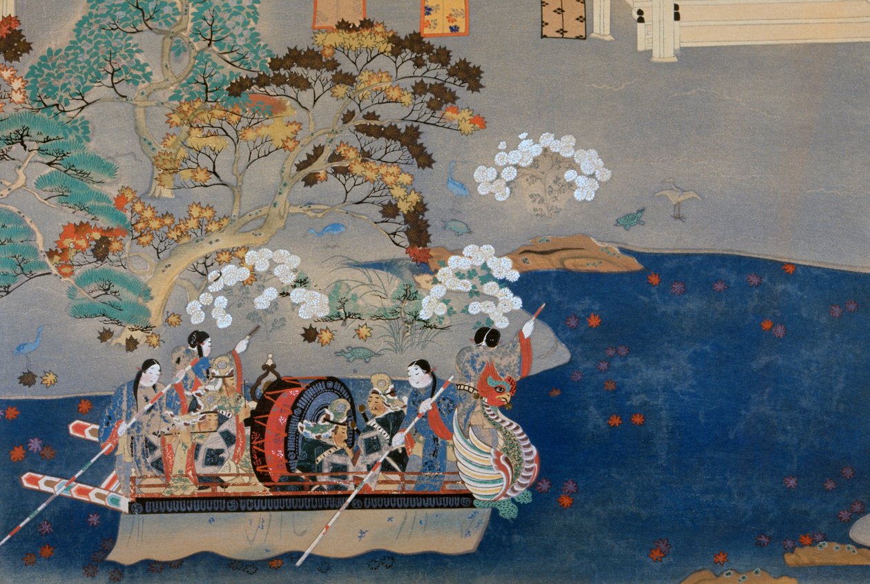Roddbåt, illustration för Eiga Monogatari (Story of Splendor), av Akazome Emon (ca 956-1041). Japan av Japanese School