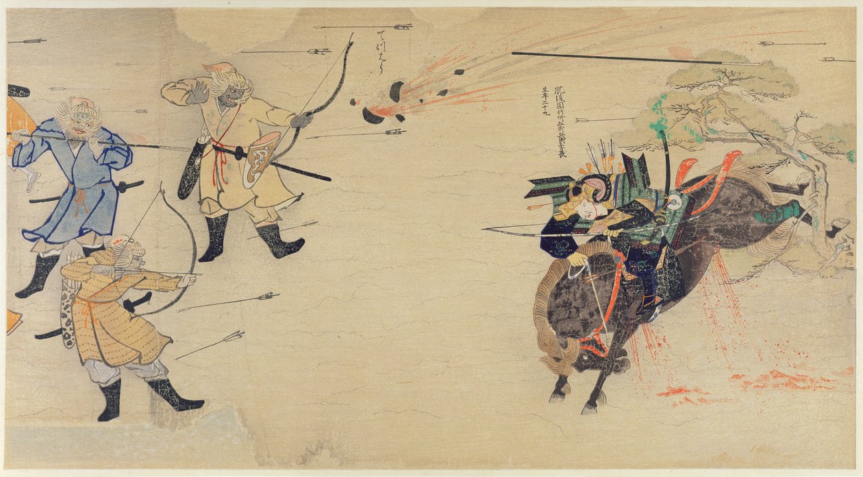 Samurai Takezaki anklagar mongoliska inkräktare när granater exploderar ovanför de mongoliska invasionerna av Japan 1274, illustration från Kokka magazine, maj 1921 av Japanese School