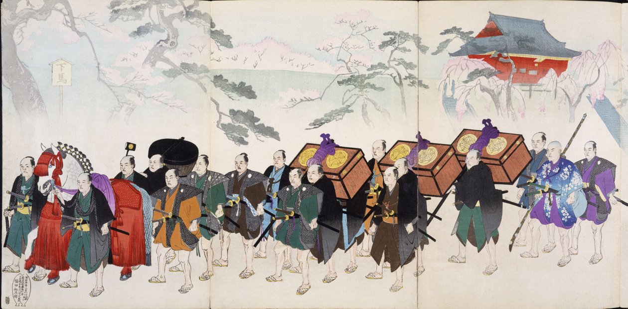 Samurai Warriors on the March, från ett 1800-talsalbum med träsnitt, handfärgat träblocktryck av Japanese School