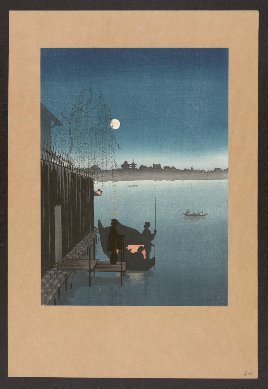 Sanbashi-bron i Fukugawa på natten, ca 1900-20 (träsnitt i färg) av Japanese School