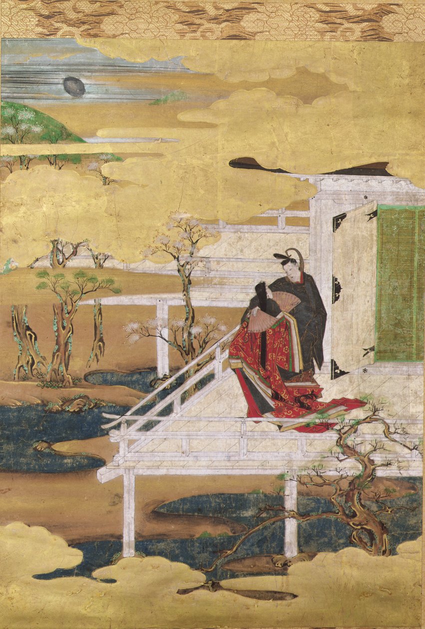Scen från Sagan om Genji (bläckfärg & bladguld på papper) av Japanese School