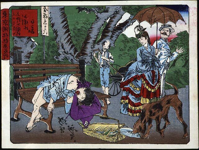 Scen i Uéno Park i Japan: En barnkurir sover på en bänk och blir stulen från en hund - japanskt tryck av Japanese School